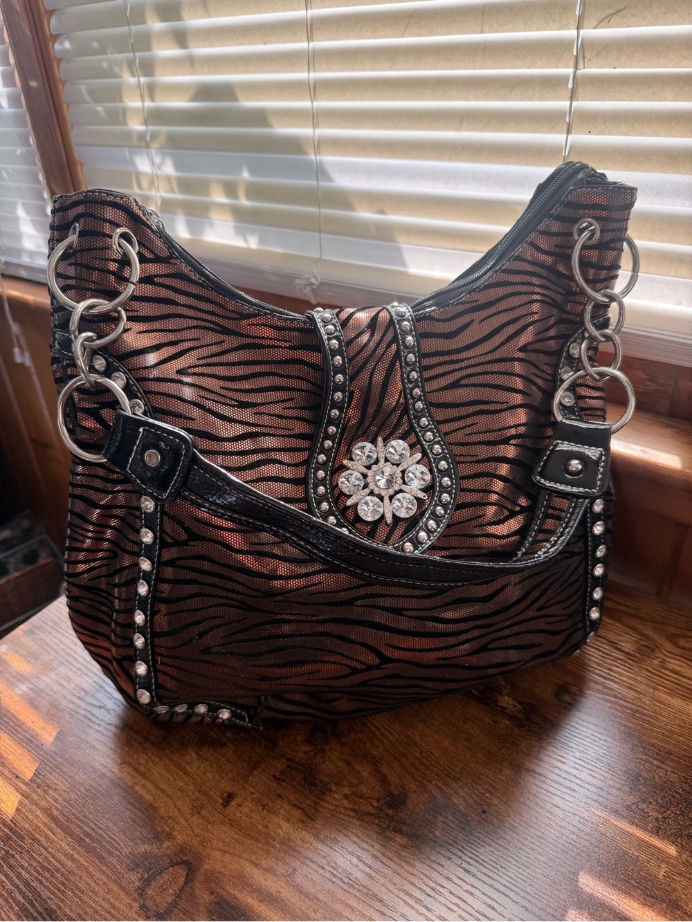Embellished Zebra-Print Shoulder Bag in Bronze and Black